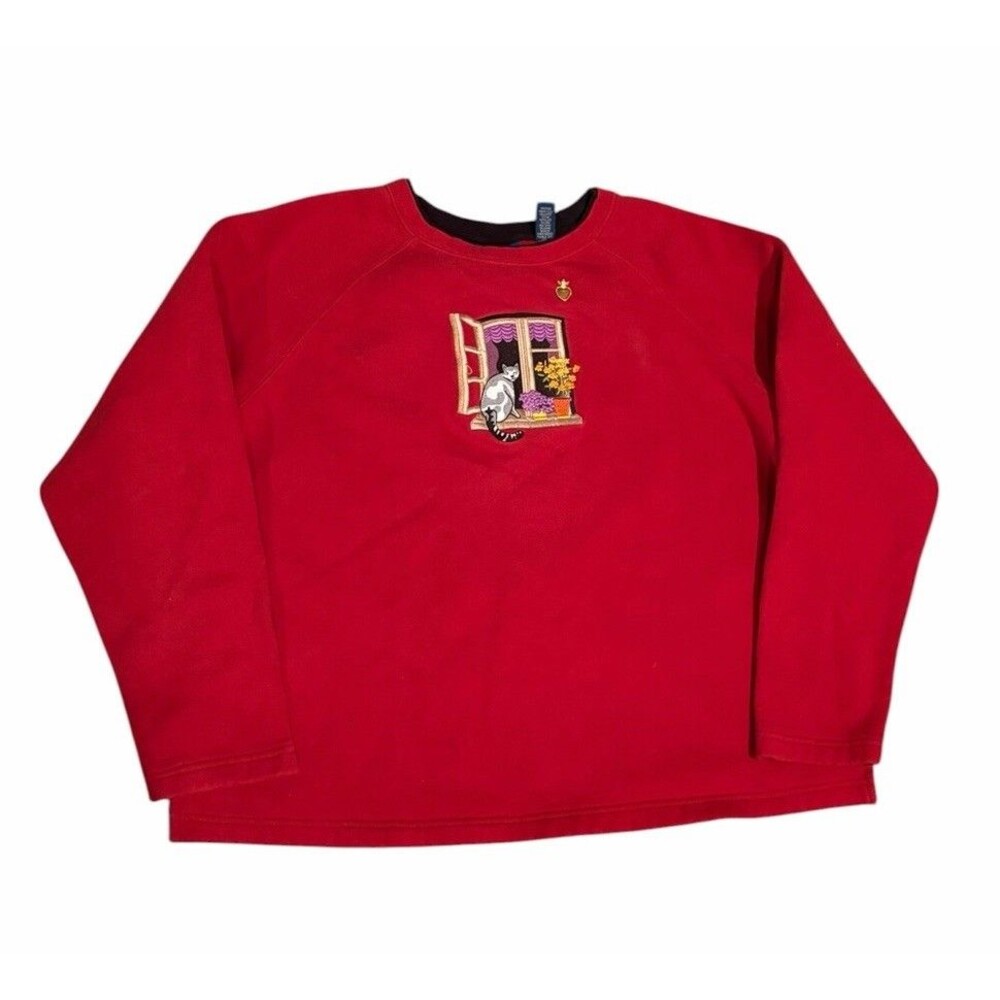 Karen Scott Sport Embroidered Cat Crewneck Sweatshirt Women's Size XL red